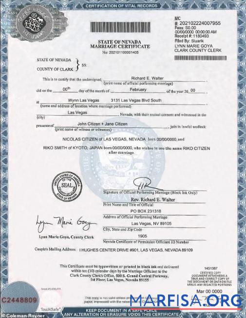 Downloadable USA Nevada state marriage certificate template in PSD format